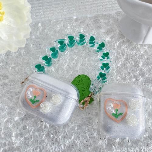 For Airpods 1 2 Bracelets Heart Lanyard Chain Strap Clear Flowers Case for Apple Airpod pro Wireless Earphone Cover Charging Box