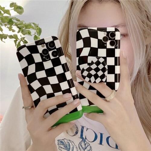 INS Retro Black and White Checkerboard Cell Phone Case For iPhone 11 12 ProMax XR XSMax X 7 8 Plus SE2 Love bracket cases Cover