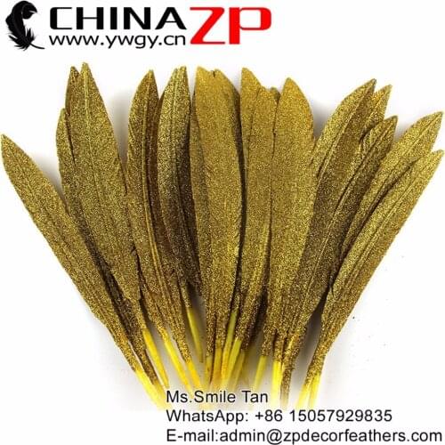 CHINAZP New Arrival Turkey Feathers 30-35cm(12-14 inch) 100pcs/lot Smooth Metallic Gold Full Feathers Painted Turkey Feather
