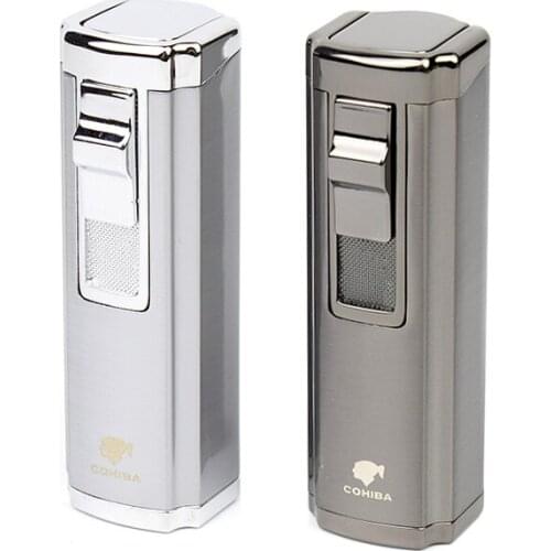 COHIBA Lighter Cigarette Cigar Lighter 3 Jet Flame Torch Pocket Lighter Refillable Butane Gas Lighter--Gray & Silver Color