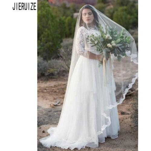 JIERUIZE Plus Size Country Wedding Dresses 3/4 Sleeves O Neck With Sashes Zipper Back Lace Wedding Bridal Gowns Robe De Mariee
