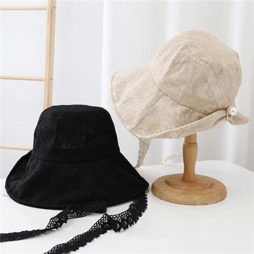 Lace Bucket Hat Women Cute Floral Fisherman Hat Summer Beach Visor Adjustable Ribbon Wide Brim Bonnet Elegant Cap Luxury