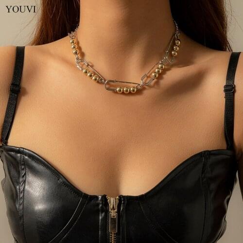 YOUVI New Fashion Metal Pin Desigan Chans Necklace for Women Gold Color Beaded Choker Necklace Collar Jewelryu Charms Gift