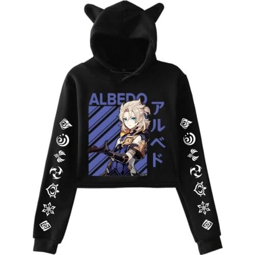 New Arrival Genshin Impact Hoodies Women Kawaii Crop Tops Fashion Black Hooded Cat Ear Sweatshirts Casual Spring Girls Pullovers