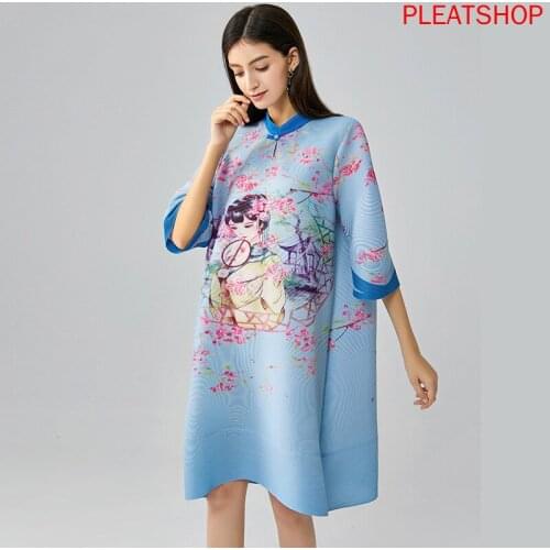 Pleated Ethnic Floral Printed Dress Midi-Skirt Autumn MIYAKE Loose Stand Collar Wide Sleeve Retro Popular Cheongsam Dress Robes