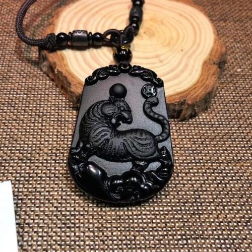 Natural obsidian Zodiac Tiger pendant obsidian feather tiger pendant + with high-end sling