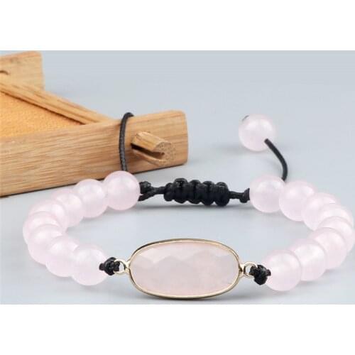 Pink Crystal Quartz Natural Stone Beads Bracelet Reiki Healing Rectangle Round Rhombus Charm Braided Bracelets for Women Jewelry