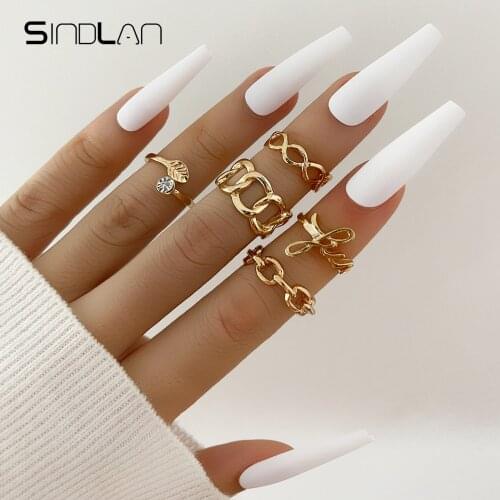 Sindlan 5Pcs Punk Crystal Gold Chain Rings for Women Vintage Leaf Aesthetic Female EMO Fashion 2021 Trend Jewelry Anillos Aneis