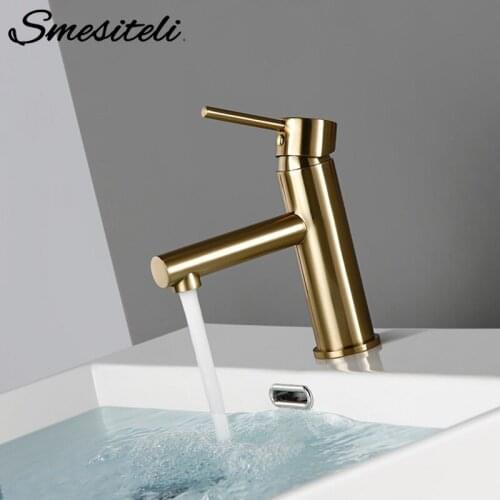 Smesiteli Wholesale Bathroom Faucet Brushed Gold Deck Mounted Single Hole Single Handle Hot And Cold Washbasin Faucet