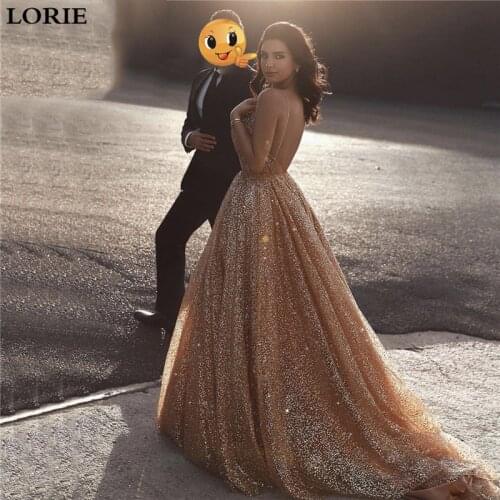 LORIE Boho Wedding Dresses 2019 A Line Glitter Princess Bride Dress Wedding Gowns Champagne Spaghetti Straps vestidos de novia