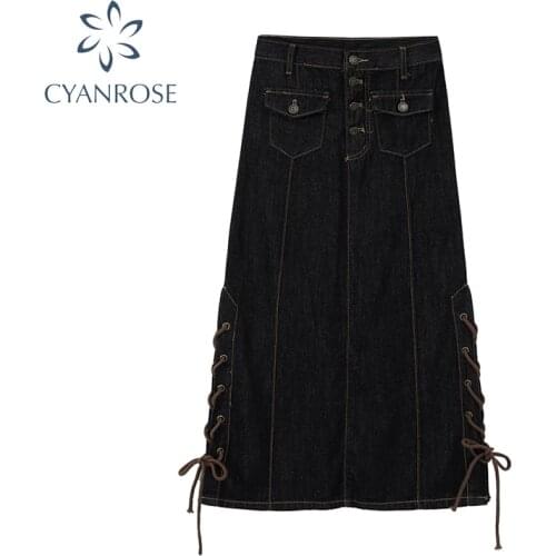 Black Single Breasted Long Denim Skirt Women Autumn 2020 Korean Casual High Waist Pockets Vintage Lady Solid A-line Jeans Skirt