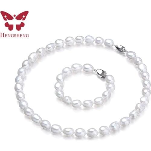 HENGSHENG Real White Natural Baroque Pearl Necklace&Bracelet Jewelry Sets 7-8mm Freshwater pearl Jewelry For Women Gift New