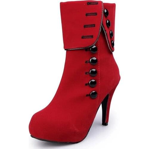 2021Women Boots High Heels Fashion Red Shoes Woman Platform Flock Buckle Winter Boots Ladies Shoes Female Botas