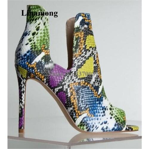 Women Sexy Peep Toe Snake Leather Stiletto Heel Short Boots Slip-on Printed Leather High Heel Ankle Booties Dress Heels Shoes