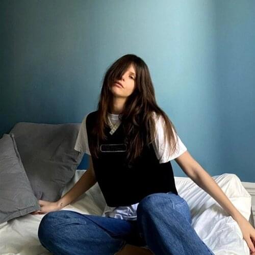 Women Sweater Vest 2021 Spring Autumn V Neck Sweater Vest, Casual Sleeveless Letter Pattern Loose Knit Tank Tops