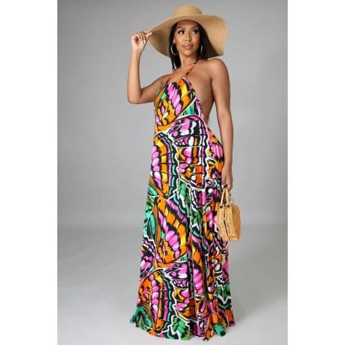 2021 New Arrival Famous Brand Dress Print Spaghetti Strap Summer Beach Loose Maxi Dress Vestidos