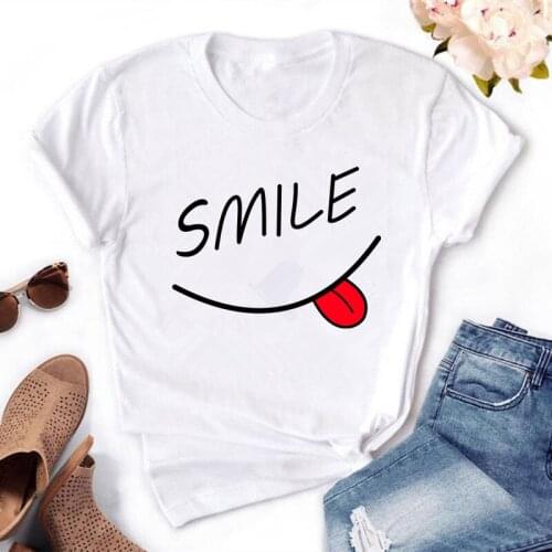 2020 Summer Brand New Womens Fashion Slim Cotton Top Tees T-Shirt with Smile Print and Short Sleeve 3 Colors t shirt