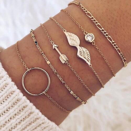 6Pcs/set Women Diamonded Arrow Wings Set Tassels Leaves Circular Chains Bangle Jewelry Bohemian Bracelet Set