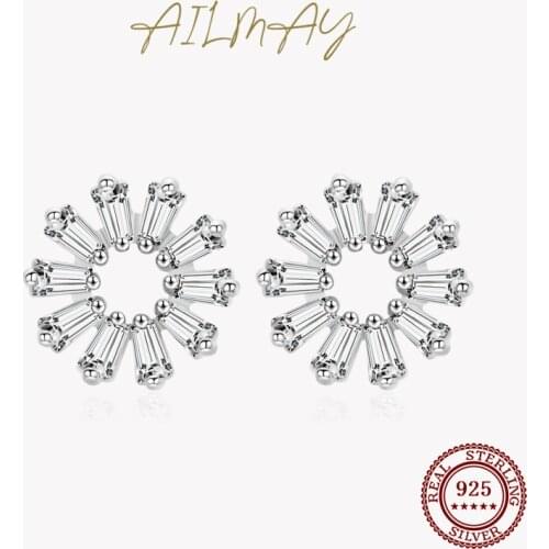 Ailmay Fashionc Luxury Trapezoid Cubic Zirconia Daisy Stud Earrings 925 Sterling Silver For Women Wedding Engagement Jewelry