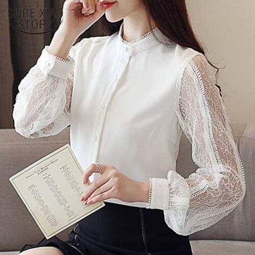 Blusa feminina 2019 New Fashion Women shirt Patchwork Lace Chiffon blouse Lantern sleeve OL lace Tops White shirt 5990 50