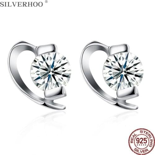 SILVERHOO 925 Sterling Silver Women Earrings Half Heart Trendy Cubic Zirconia Jewelry Elegant Female Stud Earring New Arrival