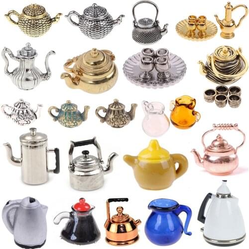 1/12 Scale Doll House Miniature Metal Ceramic Tea Doll House Furniture Miniature Dining Ware Toy Teapot Cup Plate