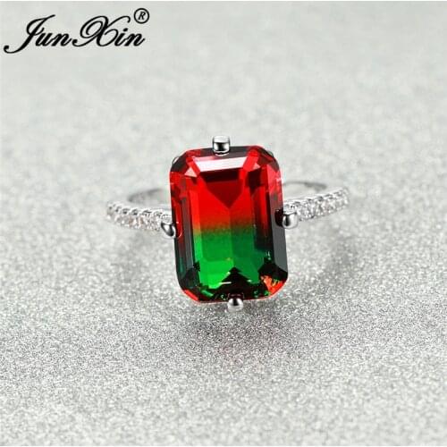 Vintage Rainbow Fire Crystal Rectangle Zircon Rings For Women White Gold Two Tone Green Red Stone Wedding Bands Party Jewelry Cz