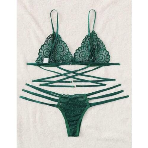 Sexy Lingerie Bra Set Bandage Underwear Sleepwear Lingerie Sets Lenceria Women Green Sexy Lace Sling Bra Thong Set