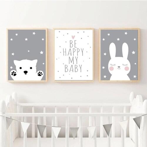 Cartoon bunny bear painting baby kindergarten wall art posters and prints canvas Nordic children room decoration birthday gifts