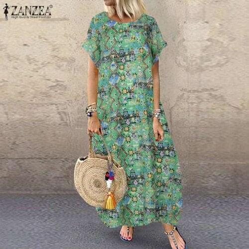 ZANZEA Summer Bohemian Sundress Women Short Sleeve Vintage Floral Printed Long Dress Casual Kaftan Party Maxi Vestido Robe Femme