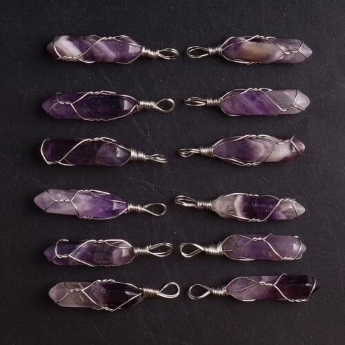 36PCS Fashion Jewelry Pendants Natural Gem Stone Wire Winding Crystal Hexagonal Pendant For Making Necklace Meditation Pendulum