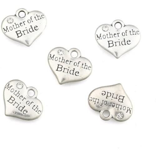 Wedding Theme Tone Tibetan Style Alloy Heart with Mother of the Bride Rhinestone Charms, Crystal, 14x16x3mm