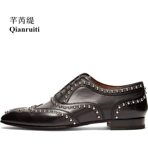 Qianruiti Men Split Leather Shoes Black Oxfords Silver Studs Business Wedding Flat Handmade Lace-up Men Dress Shoes Size39-46
