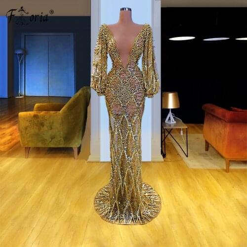 Abendkleider Luxury Gold Evening Dresses Heavily Beads See Though Prom Gowns Dubai Muslim Long Sleeves Women Formal Party Dress