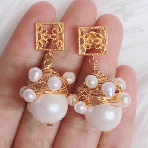 White Baroque Pearl Earring Hollow carve 18k Square Ear Stud Natural Earbob Party Real Irregular Classic Flawless Accessories