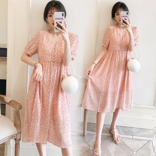 Chiffon Dresses Maternity Clothing For Pregnant Women Short Sleeve V-neck Dot Vestidos Pregnancy Dress Maternity Summer Dresses