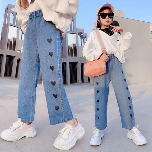 Loose Denim Jeans for Girls Children Clothing Casual Girl Wide-Leg Jeans Pants Heart Print High Waist Trousers 4 6 8 10 12 Years