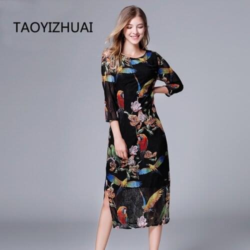 TAOYIZHUAI 2021 New Arrival Spring Fashion High Street Style Print Pattern Plus Size Print Mid-Calf Long Black Dress For Women
