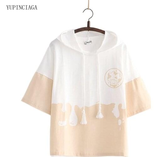 Women Short Sleeve Hoodies Sweatshirts Cute Print Patchwork Hooded Pullover 2021 Summer Femme Casual Loose Tracksuits 2116909