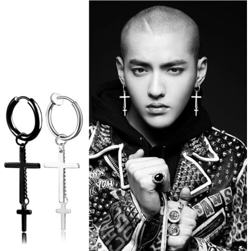 Vintage Punk Black Stainless/Titanium Steel Cross Dangle Earrings For Men Women Gothic Grunge Street Hip Hop Ear Ring Jewelry