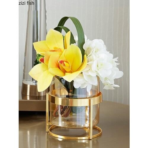 Golden Alloy Frame Glass Vases Tabletop Vase Desk Decor Transparent Hydroponics Flower Arrangement Home Decoration Modern