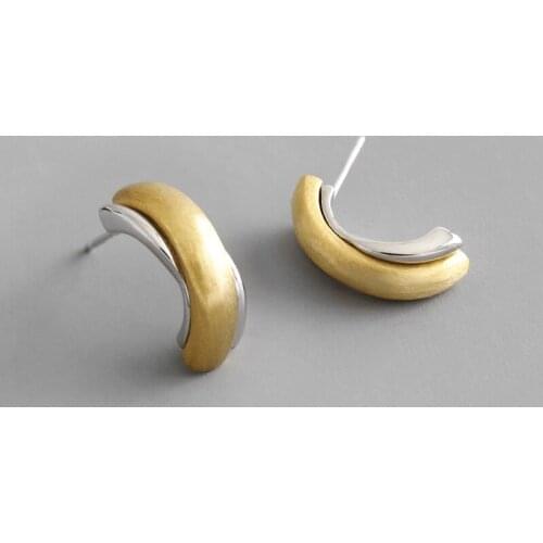 100% 925 sterling silver earrings for women, minimalist double color Geometric semicircle stud earrings 925 silver jewelry