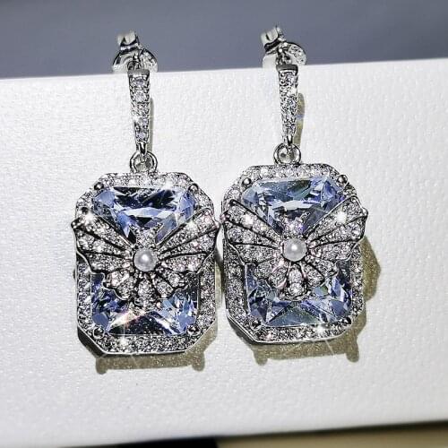 Big Bling Blue Zircon Stone With Silver Color Cute Butterfly Drop Earrings for Women Korean Earrings Fashion Jewelry