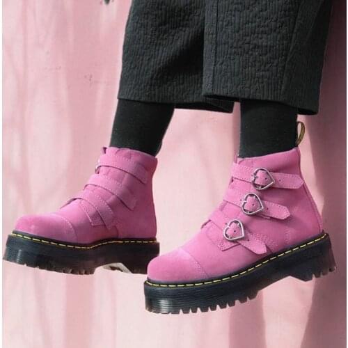 Suede Platform Boots Women Heart-Shaped Decor Zapatos De Mujer Buckle Strap Short Botas Punk Round Toe Ladies Shoes Botines 2020