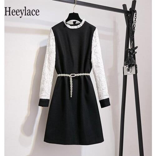 Plus Size Women Winter office ladies Woolen Dress Fashion Hollow Out Flower Lace Crochet Long Sleeve Patchwork Elegant Dresses