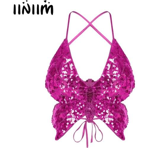 Womens Femme Shiny Sequin Beaded Butterfly Shaped Bra Tops Spaghetti Strap Lace-up Backless Crop Top Vest for Belly Dancing Tops