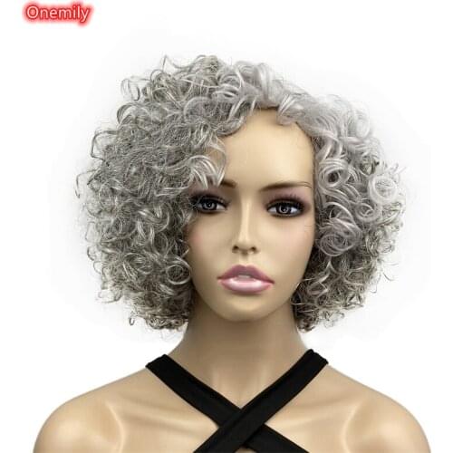 Onemily Halloween Short Kinky Curly Asymmetrical Wig Ombre Silver Gray Natural Women Wigs Cosplay Costume Party Theme Party