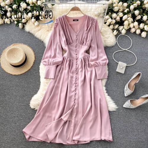 Women Long Sleeve Elegant Dress Robe Femme V-Neck Buttoned White Party Dress Plus Size 2XL Ladies Midi Long Dress