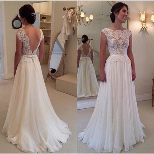 2019 Backless Vestido De Noiva 2019 Wedding Dresses A-line Cap Sleeves Chiffon Lace Beach Boho Dubai Arabic Wedding Gown Bridal