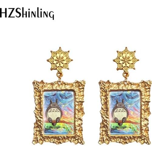 2020 New Fashion Cartoon Anime Totoro Retro Dangle Earrings Vintage Gold Plated Glass Cabochon Jewelry